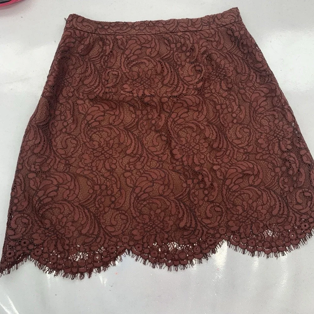 Wilfred Brown Lace Mini Skirt Lined Scallop Fringe Hem Sz 4 Floral Design Event‎